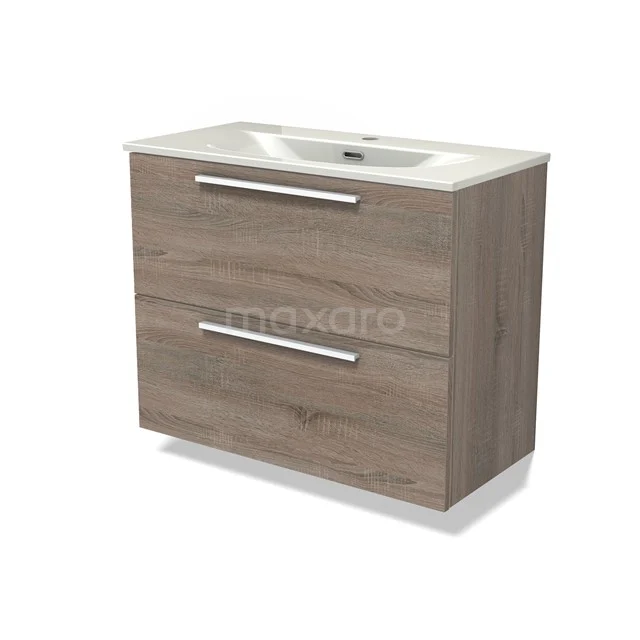 Modulo Slim Waschtische | 80 cm Eiche Flach front Keramik 2 übereinanderliegende Schubladen BMW37-00961