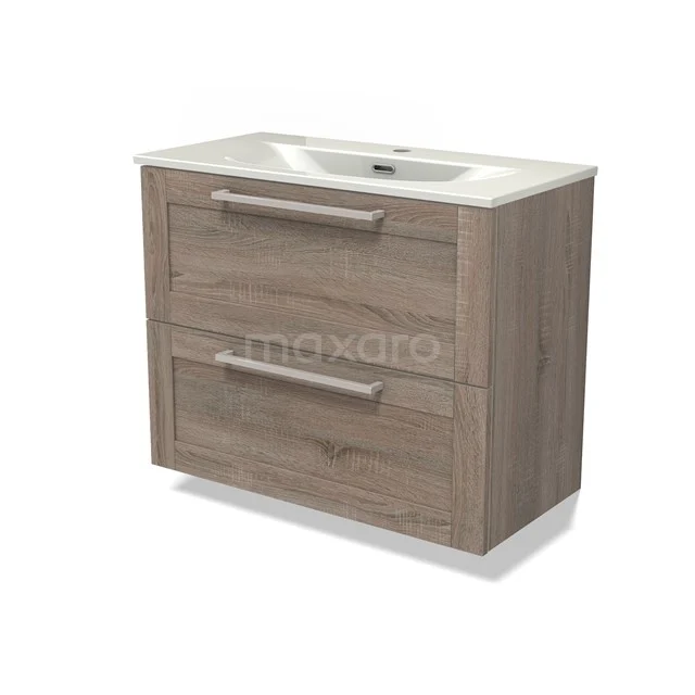 Modulo Slim Bathroom furniture with sink | 80 cm Oak Bordered front Ceramic 2 Stacked drawers BMW37-00962