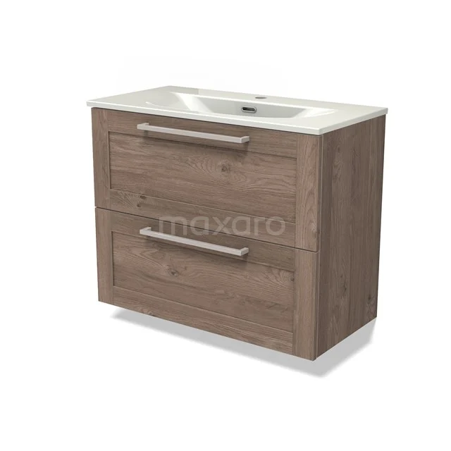 Modulo Slim Bathroom furniture with sink | 80 cm Mid brown oak Bordered front Ceramic 2 Stacked drawers BMW37-00966