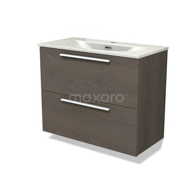 Modulo Slim Vanity units with basin | 80 cm Dark brown oak Flat front Ceramic 2 Stacked drawers BMW37-00967