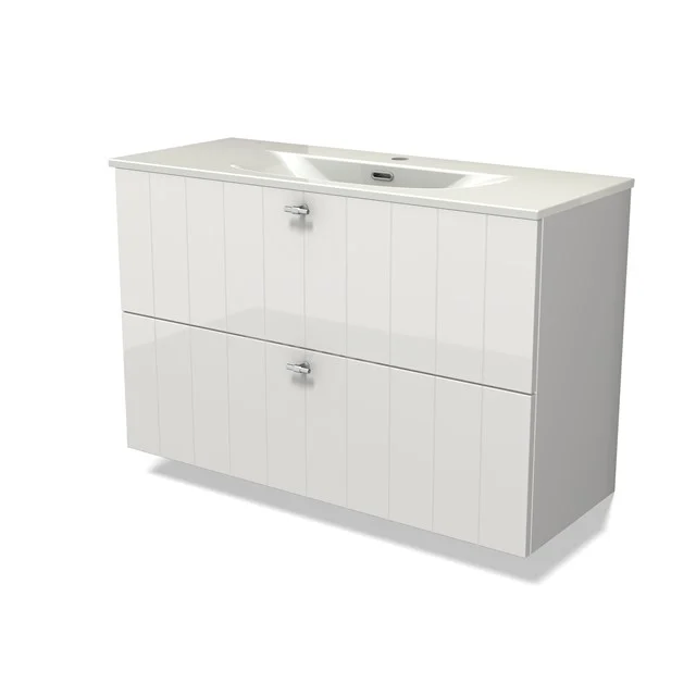 Modulo Slim Vanity units with basin | 100 cm High-gloss white Slat front Ceramic 2 Stacked drawers BMW37-00980