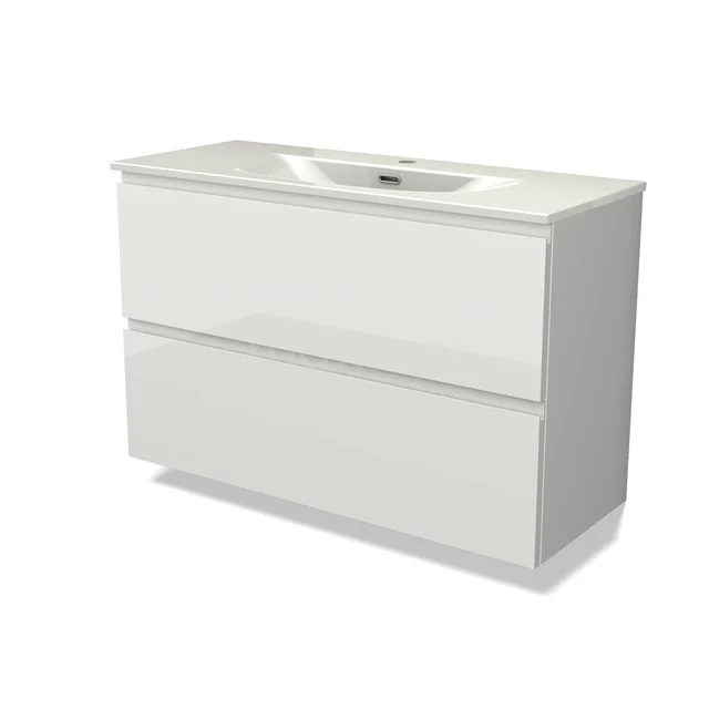 Modulo Slim Vanity units with basin | 100 cm High-gloss white Handle-less front Ceramic 2 Stacked drawers BMW37-00981