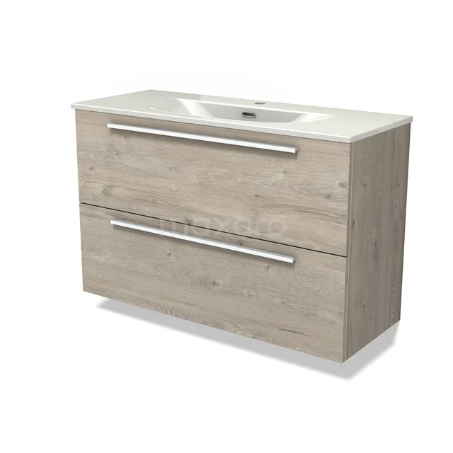 Modulo Slim Vanity units with basin | 100 cm Light grey oak Flat front Ceramic 2 Stacked drawers BMW37-00991