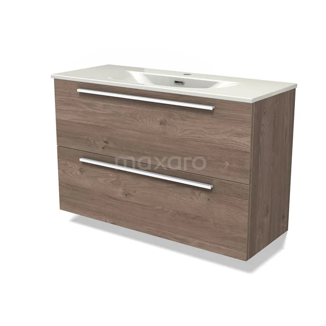 Modulo Slim Vanity units with basin | 100 cm Mid brown oak Flat front Ceramic 2 Stacked drawers BMW37-00997