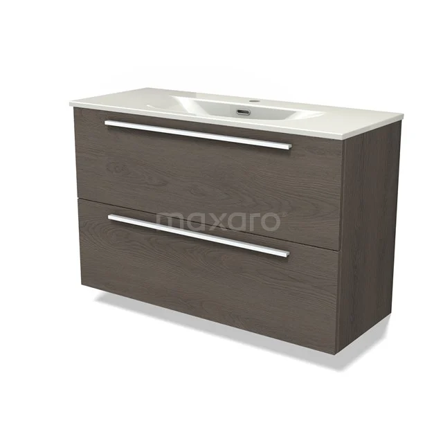 Modulo Slim Vanity units with basin | 100 cm Dark brown oak Flat front Ceramic 2 Stacked drawers BMW37-00999
