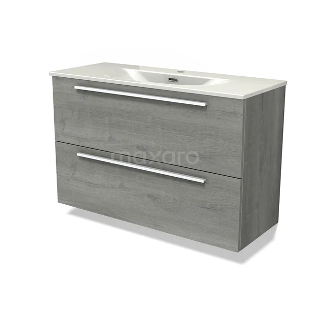 Modulo Slim Vanity units with basin | 100 cm Grey oak Flat front Ceramic 2 Stacked drawers BMW37-01001