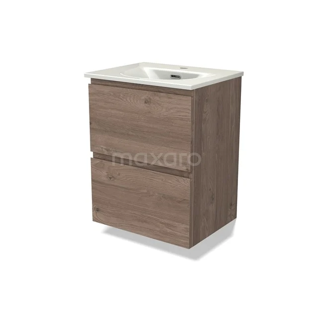 Modulo Slim Vanity units with basin | 50 cm Mid brown oak Handle-less front Ceramic 2 Stacked drawers BMW37-01006
