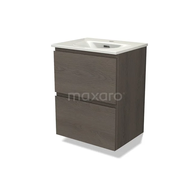 Modulo Slim Vanity units with basin | 50 cm Dark brown oak Handle-less front Ceramic 2 Stacked drawers BMW37-01007