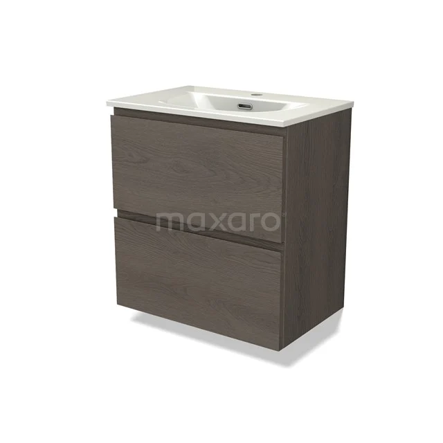 Modulo Slim Vanity units with basin | 60 cm Dark brown oak Handle-less front Ceramic 2 Stacked drawers BMW37-01010
