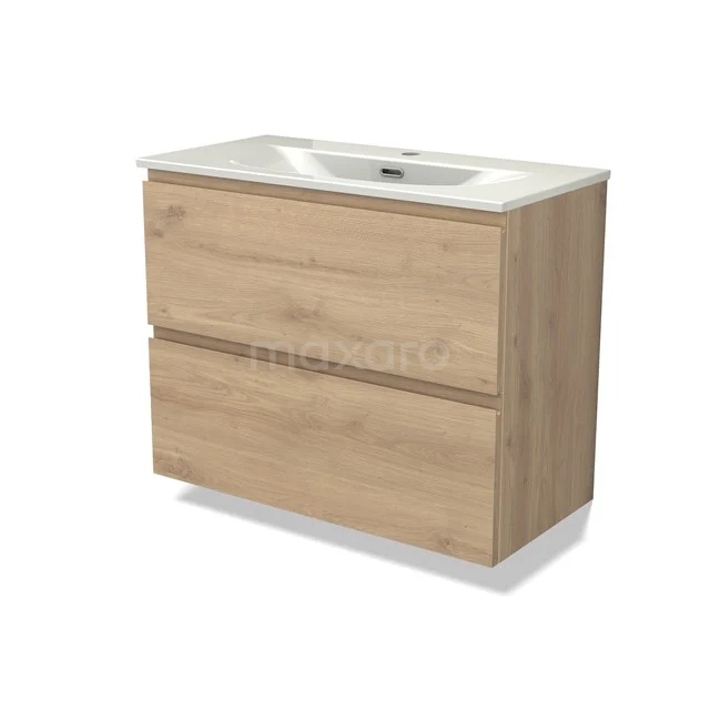 Modulo Slim Vanity units with basin | 80 cm Light brown oak Handle-less front Ceramic 2 Stacked drawers BMW37-01011