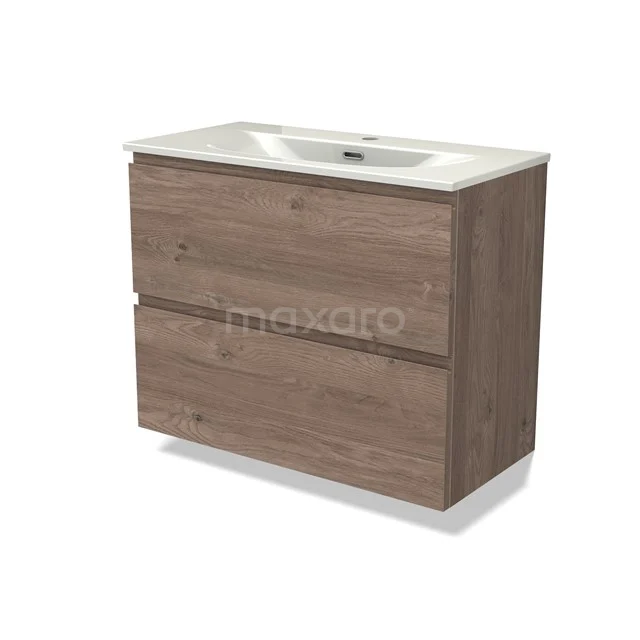 Modulo Slim Vanity units with basin | 80 cm Mid brown oak Handle-less front Ceramic 2 Stacked drawers BMW37-01012