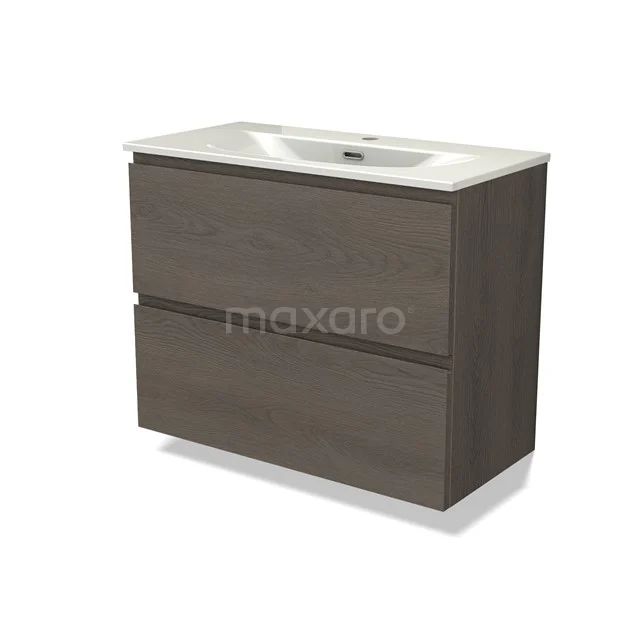 Modulo Slim Vanity units with basin | 80 cm Dark brown oak Handle-less front Ceramic 2 Stacked drawers BMW37-01013