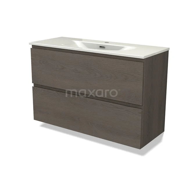 Modulo Slim Vanity units with basin | 100 cm Dark brown oak Handle-less front Ceramic 2 Stacked drawers BMW37-01016
