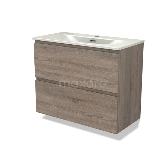 Modulo Slim Waschtische | 80 cm Eiche Grifflos front Keramik 2 übereinanderliegende Schubladen BMW37-01019