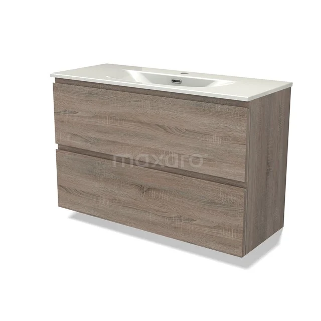 Modulo Slim Waschtische | 100 cm Eiche Grifflos front Keramik 2 übereinanderliegende Schubladen BMW37-01020