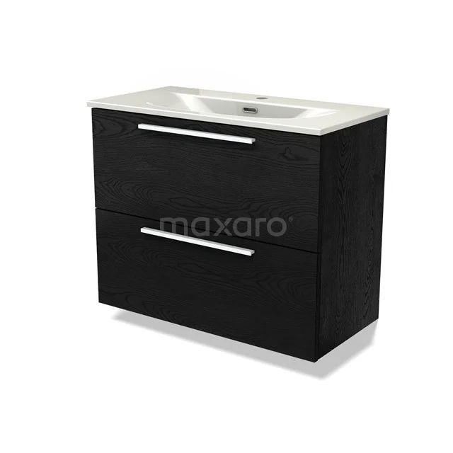 Modulo Slim Vanity units with basin | 80 cm Black oak Flat front Ceramic 2 Stacked drawers BMW37-01033