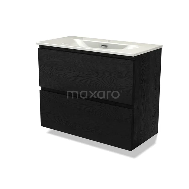 Modulo Slim Vanity units with basin | 80 cm Black oak Handle-less front Ceramic 2 Stacked drawers BMW37-01034