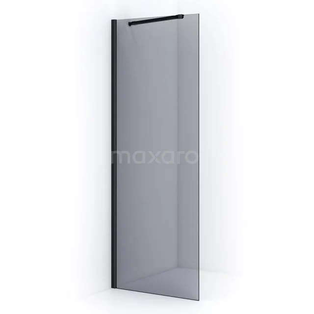 Matte black shower screen with clear glass, minimalist design, ideal for a modern bathroom.