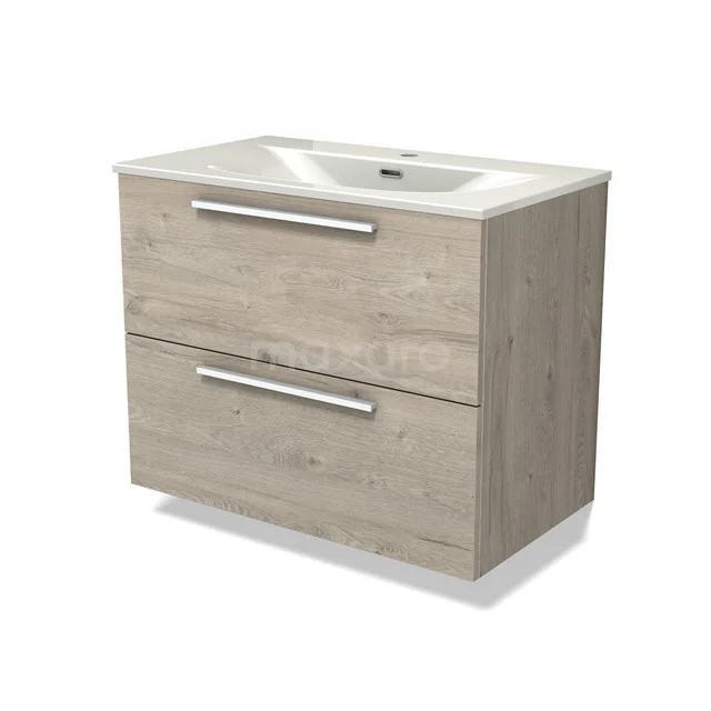 Modulo Vanity units with basin | 80 cm Light grey oak Flat front Ceramic 2 Stacked drawers BMW17-05331