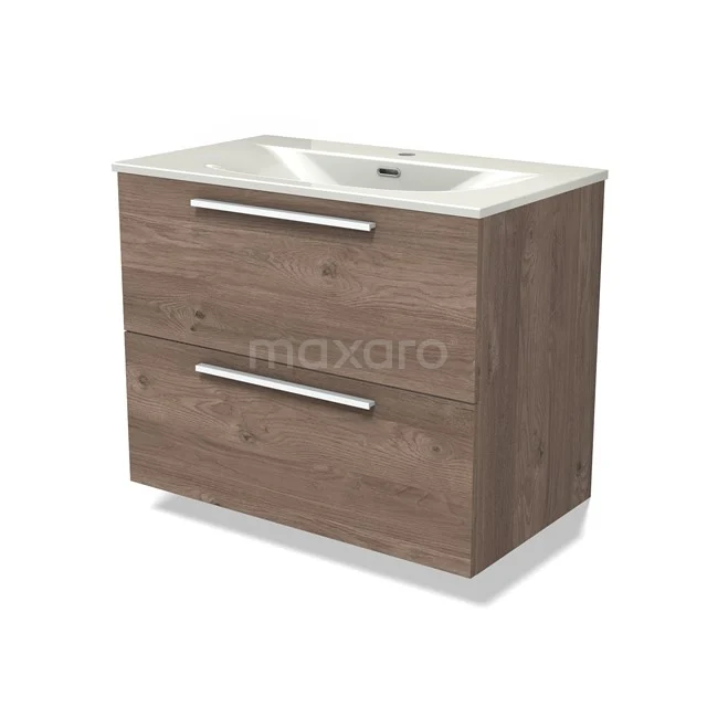 Modulo Vanity units with basin | 80 cm Mid brown oak Flat front Ceramic 2 Stacked drawers BMW17-05335