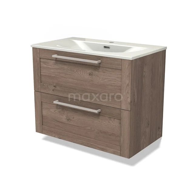 Modulo Vanity units with basin | 80 cm Mid brown oak Frame front Ceramic 2 Stacked drawers BMW17-05336