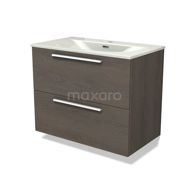Modulo Vanity units with basin | 80 cm Dark brown oak Flat front Ceramic 2 Stacked drawers BMW17-05337
