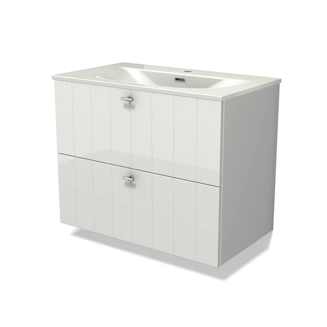 Modulo Vanity units with basin | 80 cm High-gloss white Slat front Ceramic 2 Stacked drawers BMW17-05383