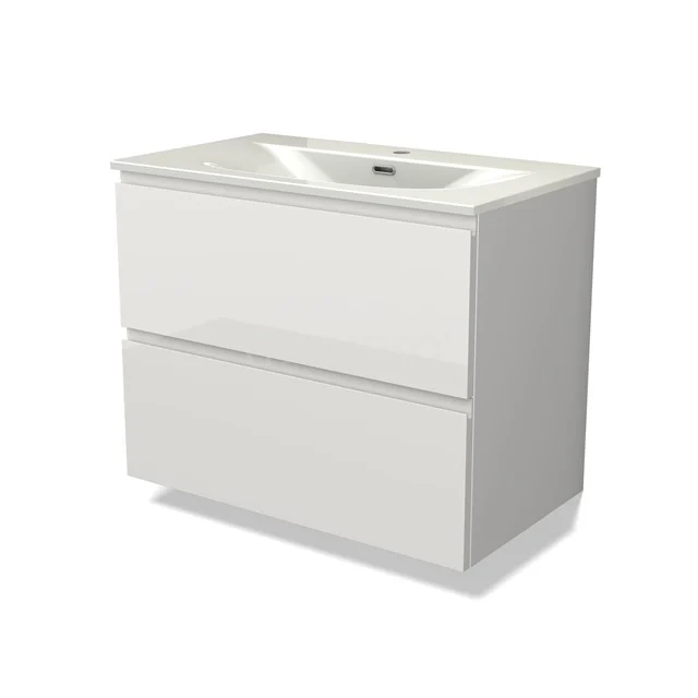 Modulo Vanity units with basin | 80 cm High-gloss white Handle-less front Ceramic 2 Stacked drawers BMW17-05384