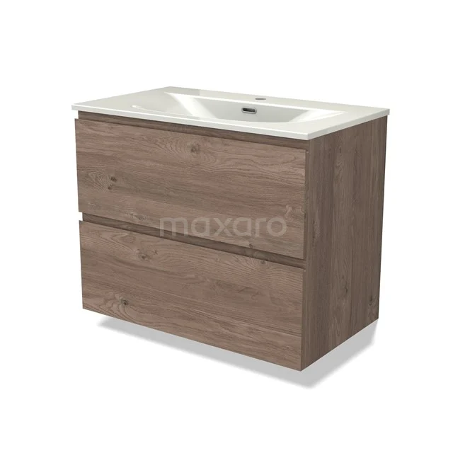 Modulo Vanity units with basin | 80 cm Mid brown oak Handle-less front Ceramic 2 Stacked drawers BMW17-05439