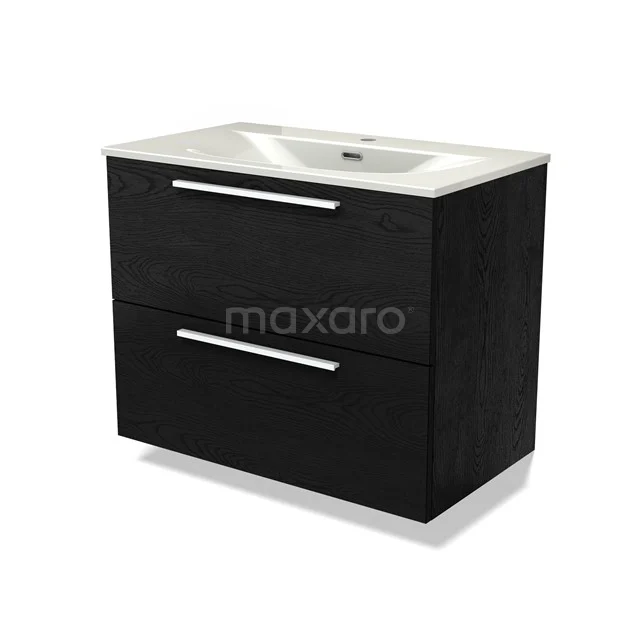 Modulo Waschtische | 80 cm Schwarze Eiche Flach front Keramik 2 übereinanderliegende Schubladen BMW17-05465