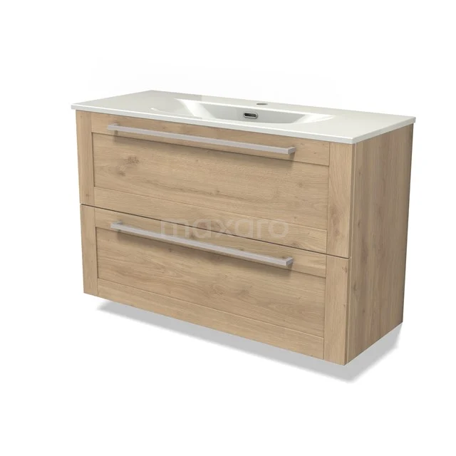 Modulo Slim Waschtische | 100 cm Hellbraune Eiche Rahmen front Keramik 2 übereinanderliegende Schubladen BMW37-00996