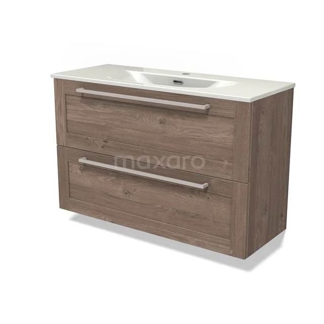 Modulo Slim Vanity units with basin | 100 cm Mid brown oak Frame front Ceramic 2 Stacked drawers BMW37-00998