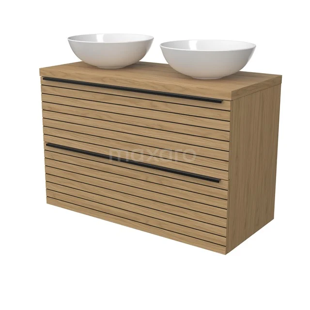 Modulo Plato Vanity units for countertop basin | 100 cm Natural veneer Strip front Natural veneer worktop 2 Stacked drawers BMK17-03186