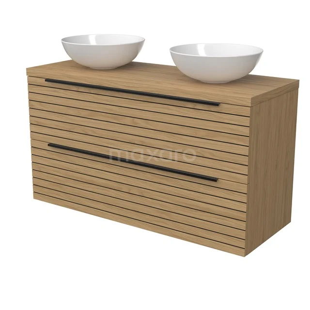 Modulo Plato Badmöbel mit Aufsatzwaschbecken | 120 cm Naturfurnier Streifen front Naturfurnier blatt 2 übereinanderliegende Schubladen BMK17-03208