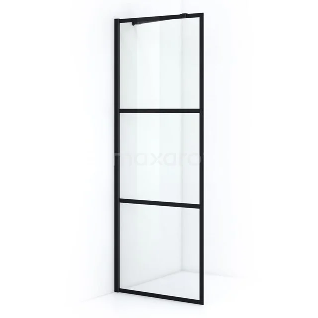 Black shower door with clear glass and matte black frame, ideal for modern bathroom design, industrial style.