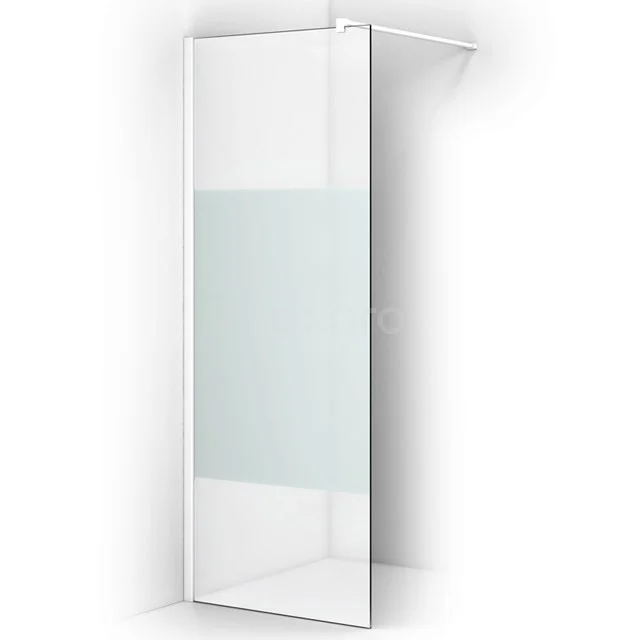 Shower screen with frosted glass strip, modern design for bathroom; ideal for stylish privacy and water shielding.