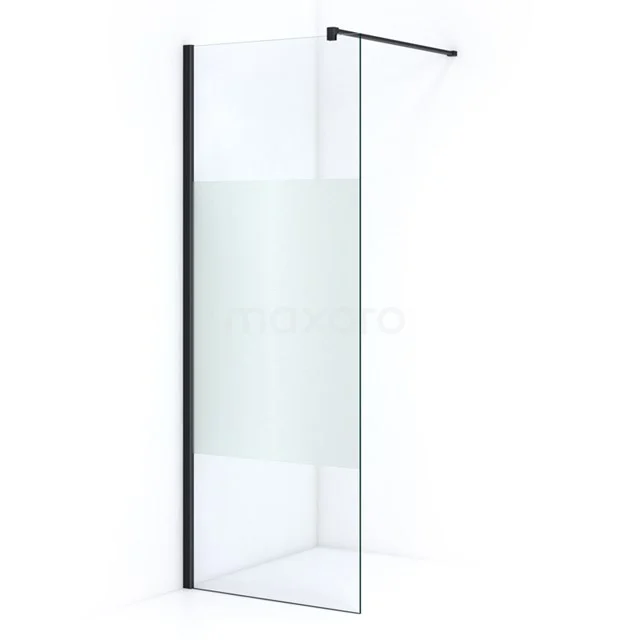 Pearl Walk-in shower | 90 cm Matte black Clear with matt strip Fixed wall IPA08303M Walk-in shower screen with matte black profiles, partly frosted glass design, ideal for modern bathroom design.