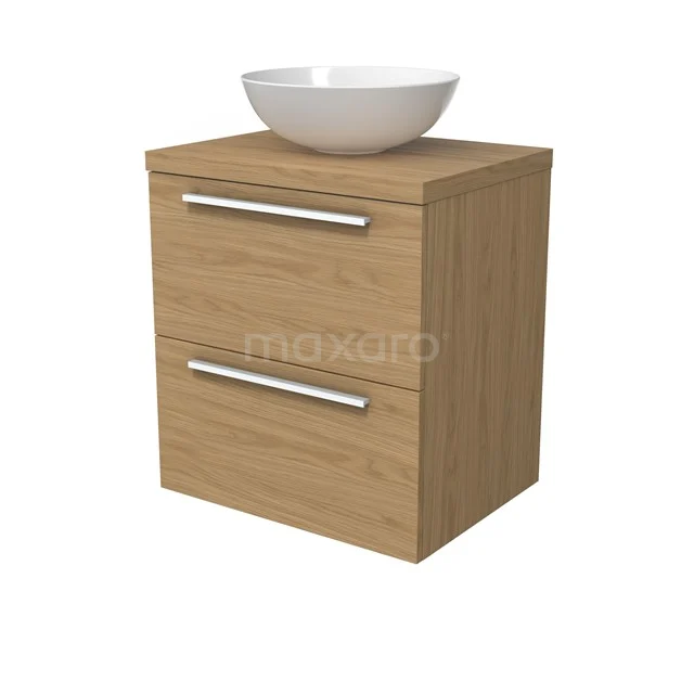 Modulo Plato Badmöbel mit Aufsatzwaschbecken | 60 cm Naturfurnier Flach front Naturfurnier blatt 2 übereinanderliegende Schubladen BMK17-03131