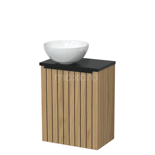 Toilet furniture with wash basin | 41 cm Natural veneer Strip front Glossy white Ceramic countertop wash basin Matte black worktop TMK10-15949