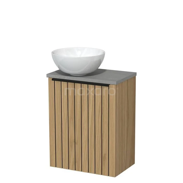 Toilet furniture with wash basin | 41 cm Natural veneer Strip front Gloss white Ceramic countertop wash basins Light grey concrete fronts TMK10-15957