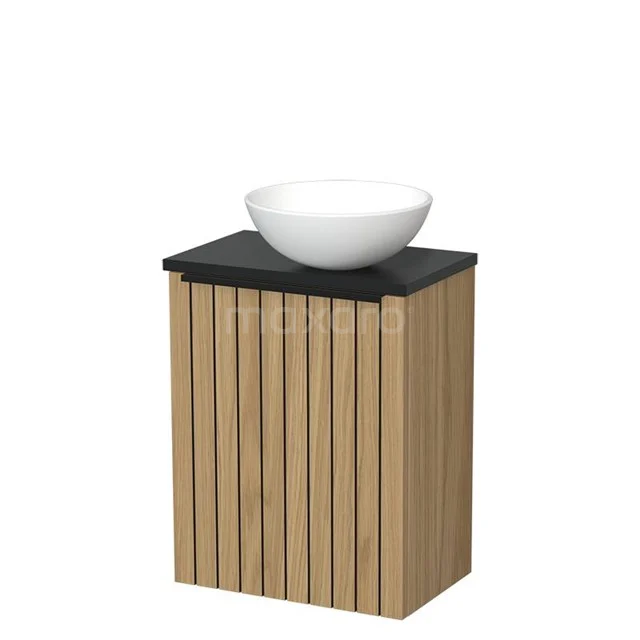 Toilet furniture with wash basin | 41 cm Natural veneer Strip front Matte white Ceramic countertop wash basin Matte black worktop TMK10-16009