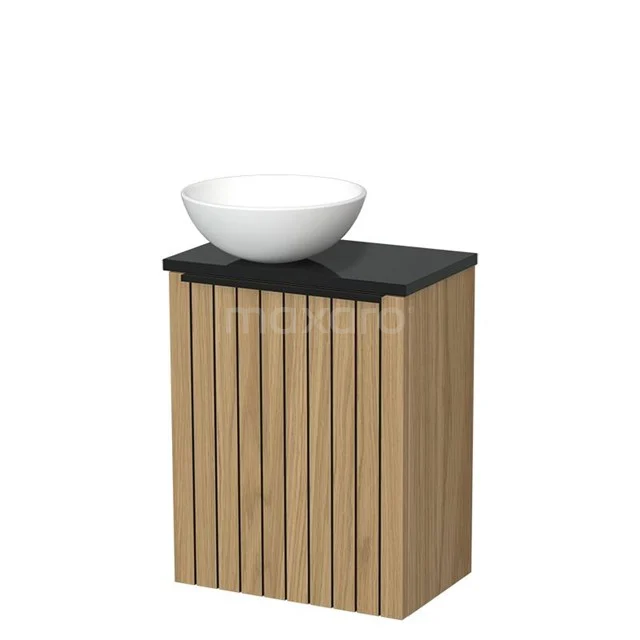 WC-Möbel mit Aufsatzwaschbecken | 41 cm Naturfurnier Leistenfront Matt Weiß Keramik-Aufsatzwaschbecken Hochglanz Schwarz TMK10-16015