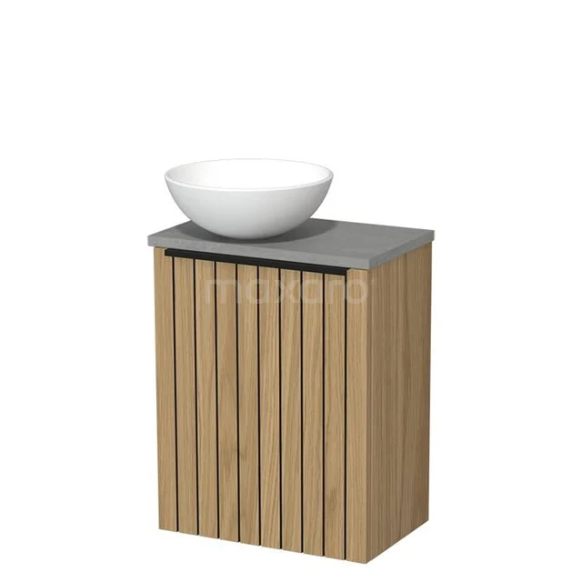 WC-Möbel mit Aufsatzwaschbecken | 41 cm Naturfurnier Leistenfront Matt Weiß Keramik-Aufsatzwaschbecken Hellgrauer Beton Platte TMK10-16017