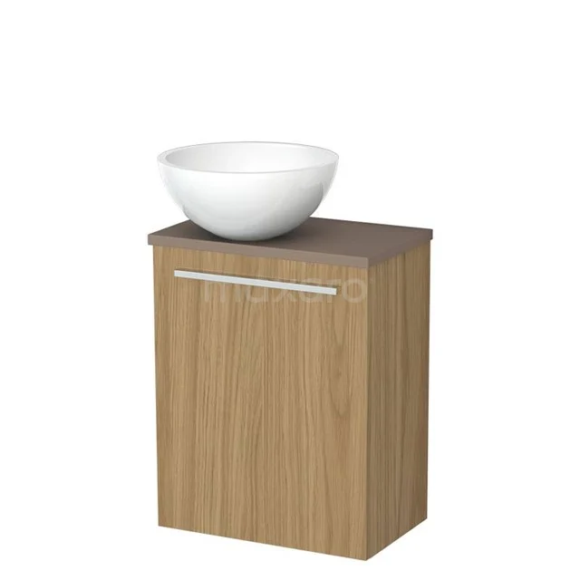 Toilet furniture with wash basin | 41 cm Natural veneer Flat front Gloss white Mineral marble countertop wash basins Taupe worktop TMK10-16020