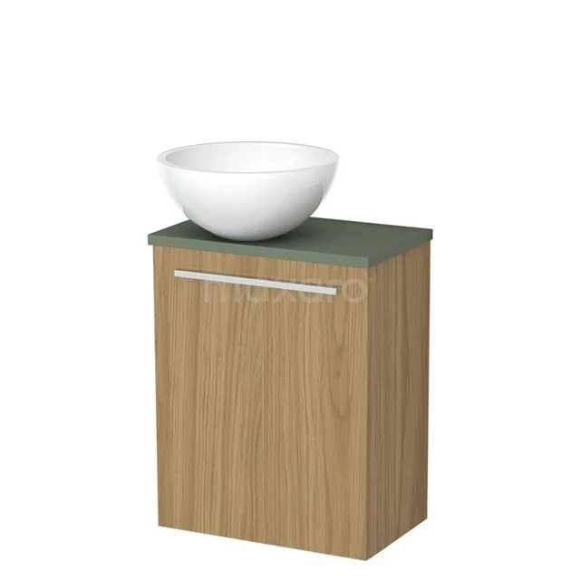 Toilet furniture with wash basin | 41 cm Natural veneer Flat front Gloss white Mineral marble countertop wash basins Sage green worktop TMK10-16026