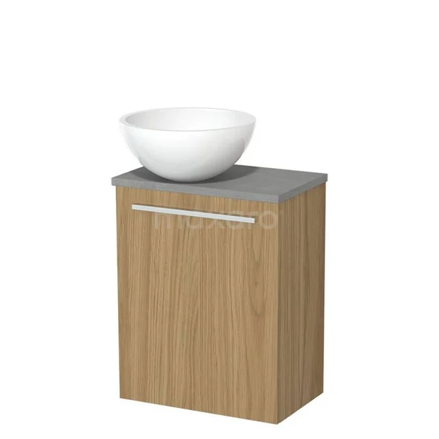 Toilet furniture with wash basin | 41 cm Natural veneer Flat front Gloss white Mineral marble wash basin Light grey concrete worktop TMK10-16027