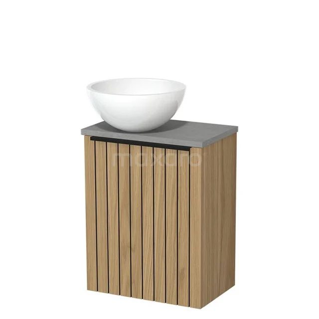 Toilet furniture with countertop wash basin | 41 cm Natural veneer Strip front Gloss white Mineral marble countertop wash basins Light grey concrete worktop TMK10-16037
