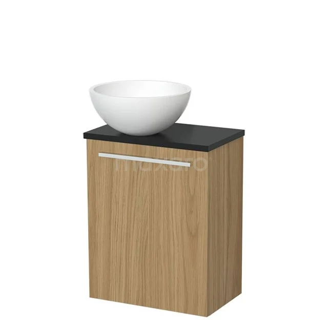 Toilet furniture with wash basin | 41 cm Natural veneer Flat front Matte white Solid surface wash basin Matte black worktop TMK10-16039