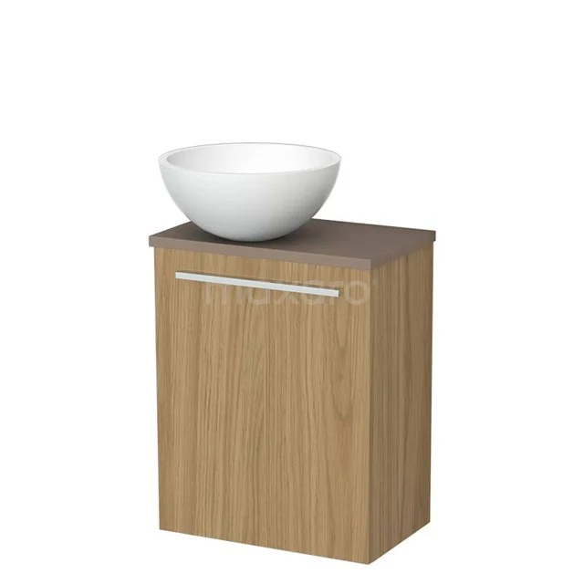 Toilet furniture with wash basin | 41 cm Natural veneer Flat front Matte white Solid surface wash basin Taupe worktop TMK10-16040