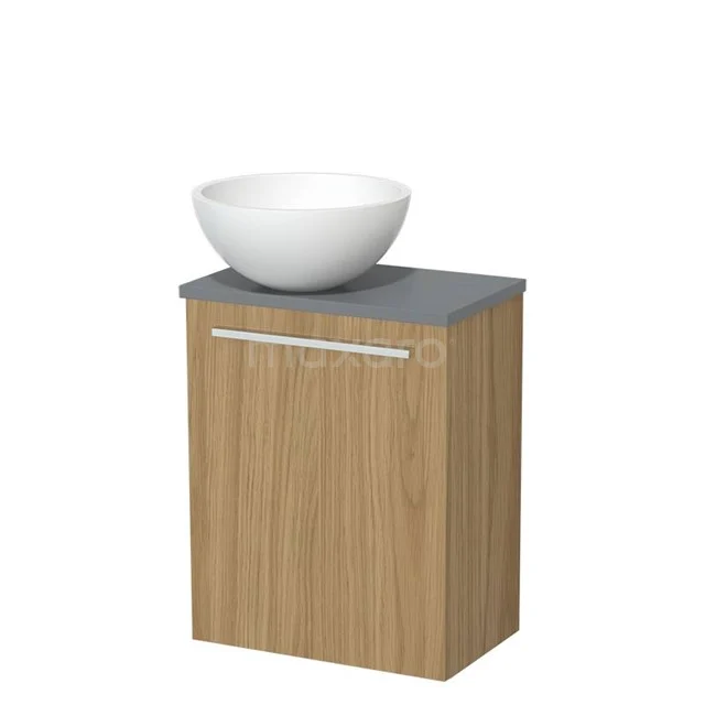 Toilet furniture with wash basin | 41 cm Natural veneer Flat front Matte white Solid surface wash basin Mid grey worktop TMK10-16041